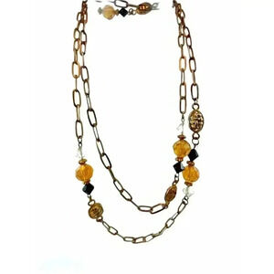 Brown Glass Bead Station Necklace Bronze Toned Tan Orange Black Chain 37"